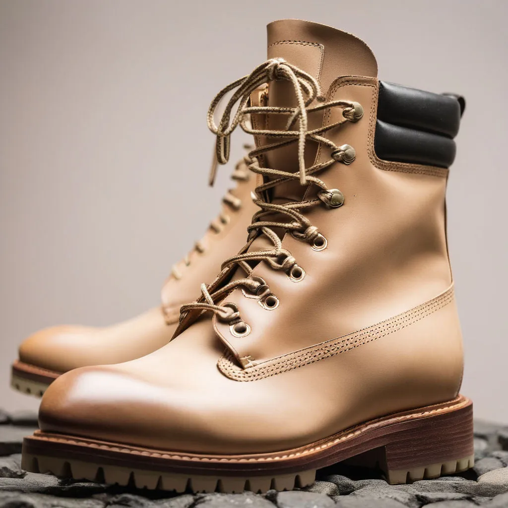 Cream Leather Abbraccio Mid Calf Rugged Lace Up Combat Hiking Boots with Chunky Track Sole sold by Costoso Italiano