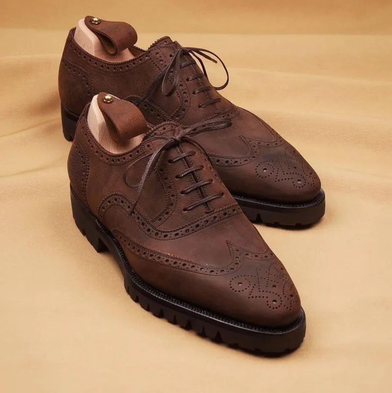 Height Increasing Brown Leather Rene Brogue Chunky Oxfords Shoes sold by Costoso Italiano