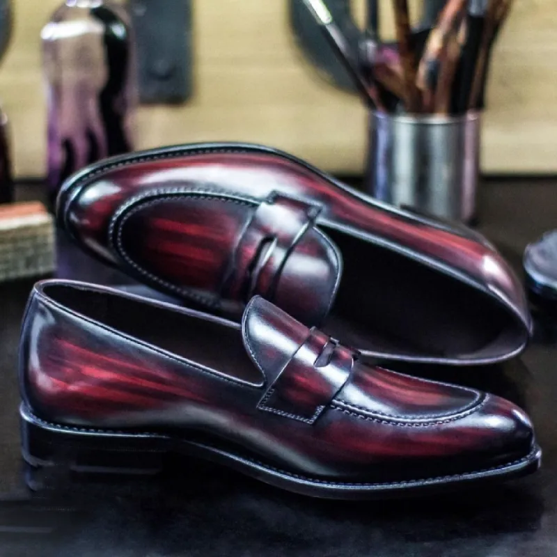 Burgundy Patina Leather Tamworth Slip On Penny Loafers sold by Costoso Italiano