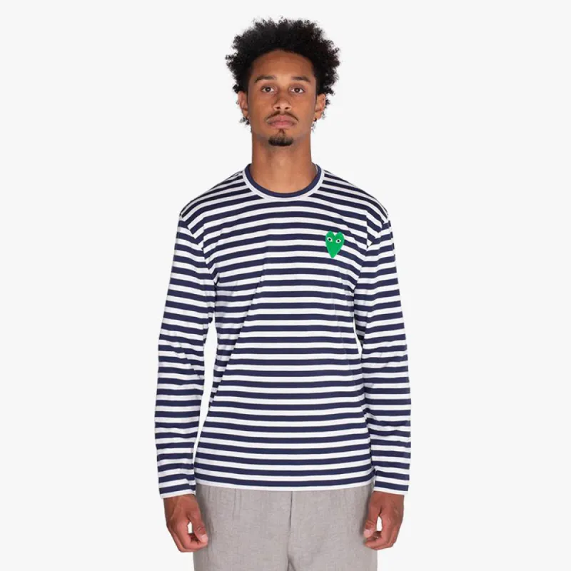 COMME des GARÇONS PLAY Green Heart Striped Long Sleeve T-Shirt Navy / White sold by Livestock