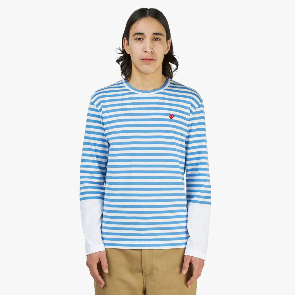 COMME des GARÇONS PLAY Red Heart Striped T-shirt Blue / White sold by Livestock