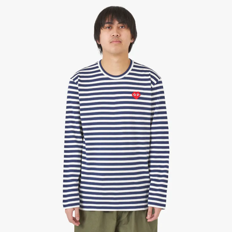 COMME des GARCONS PLAY Invader Heart Striped LS T-shirt Navy / White sold by Livestock