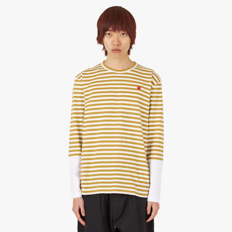COMME des GARÇONS PLAY Red Heart Striped Long Sleeve T-shirt Olive / White sold by Livestock