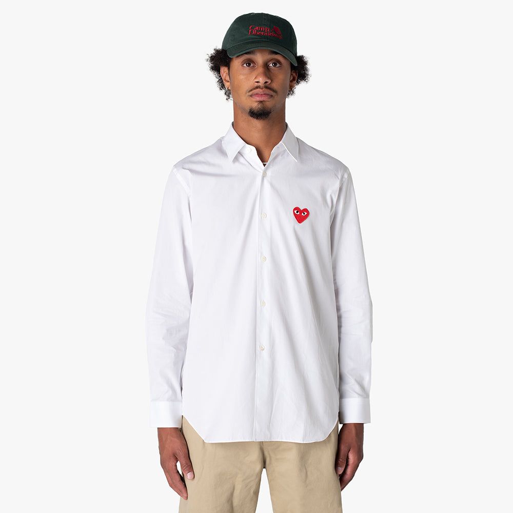 COMME des GARÇONS PLAY Red Heart Button Up Woven Shirt / White sold by Livestock