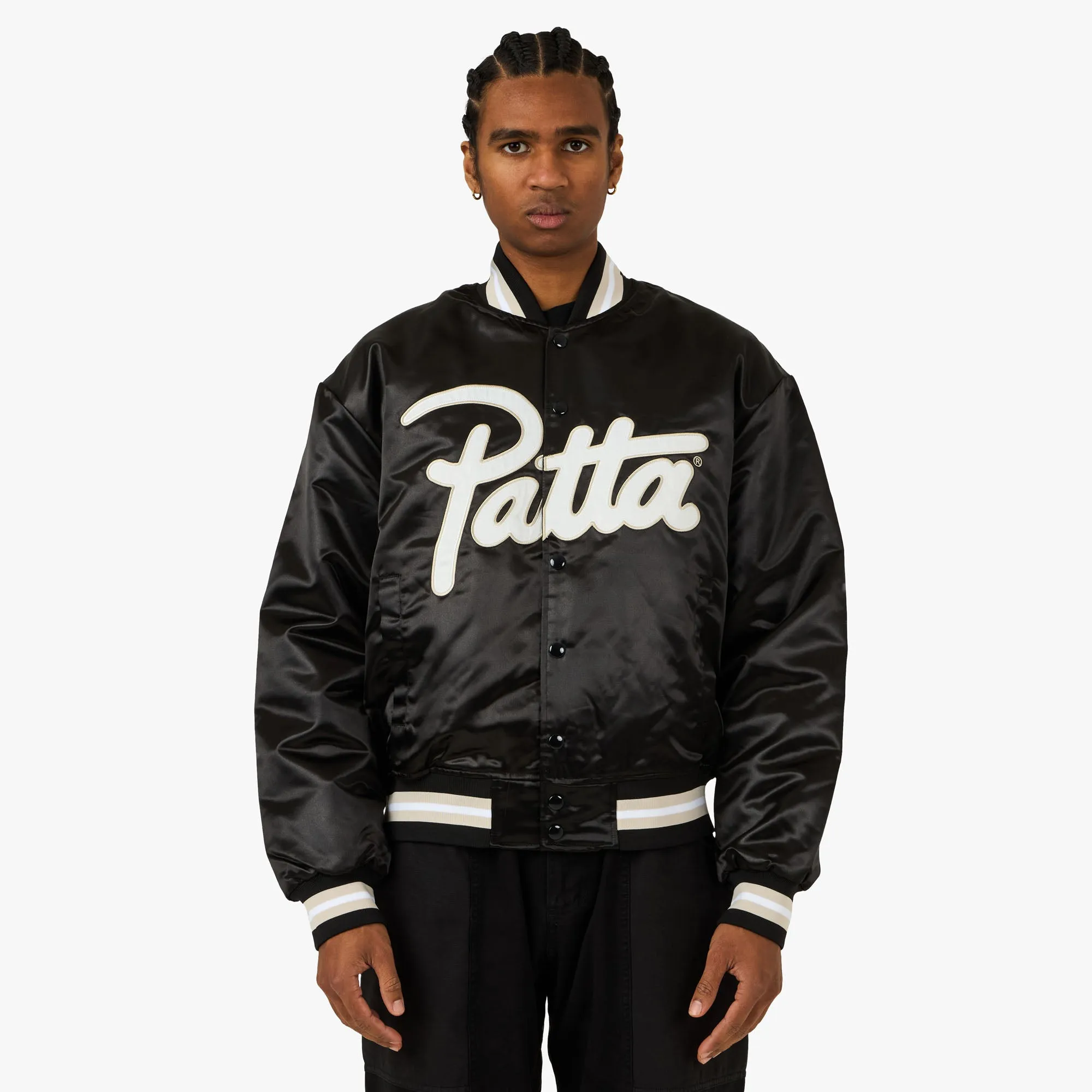 Patta Script Logo Satin Varsity Jacket Black sold by Livestock