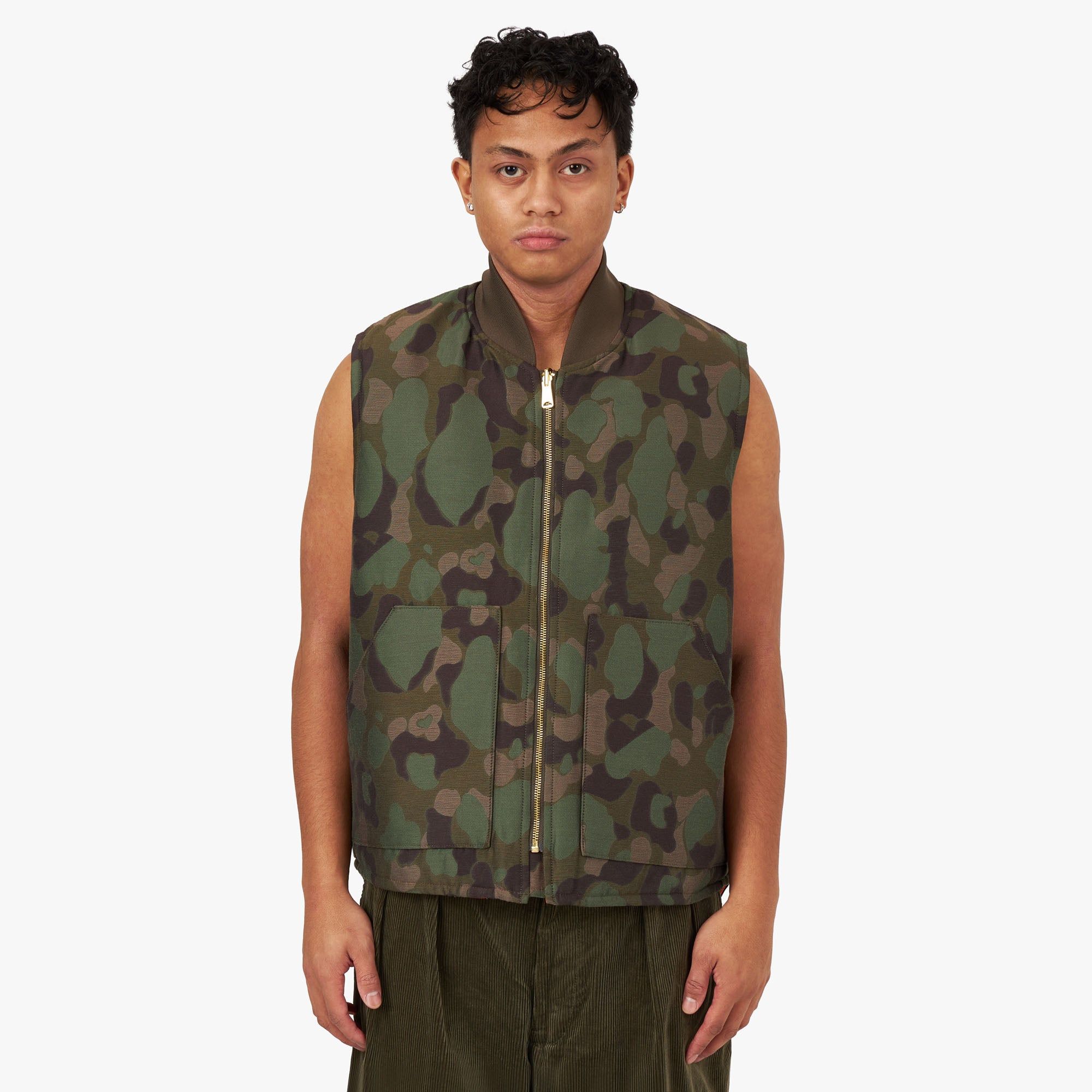 BEAMS PLUS Reversible WORK Puff Vest Camo Jacquard / Camo sold by Livestock