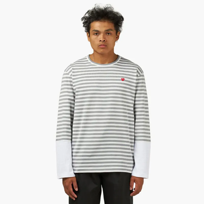 COMME des GARCONS PLAY Small Red Heart Striped White Sleeve T-Shirt / Grey / White sold by Livestock