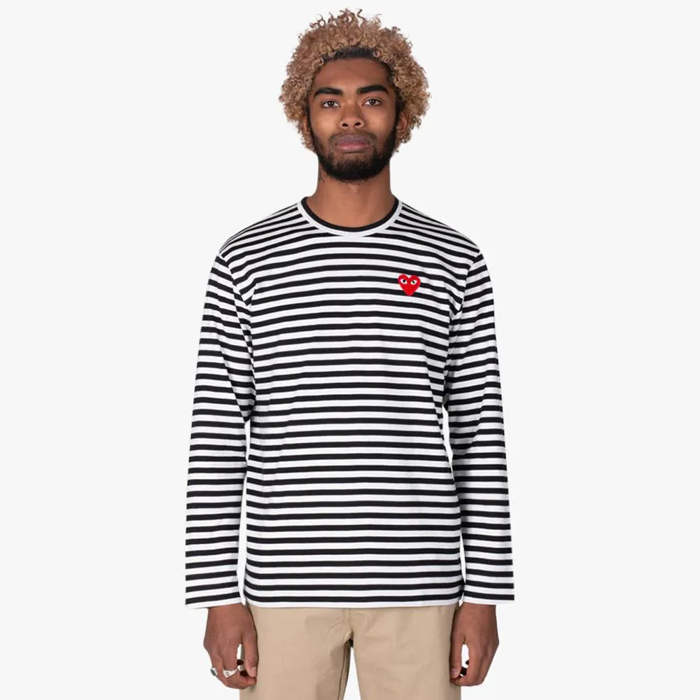 COMME des GARÇONS PLAY Red Heart Striped Long Sleeve T-shirt Black / White sold by Livestock