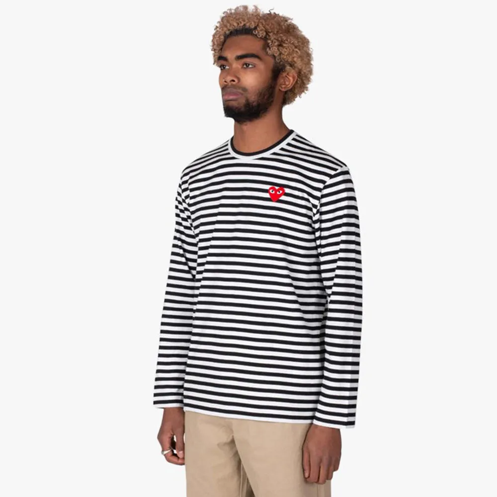 COMME des GARÇONS PLAY Red Heart Striped Long Sleeve T-shirt Black / White sold by Livestock product image thumbnail 2
