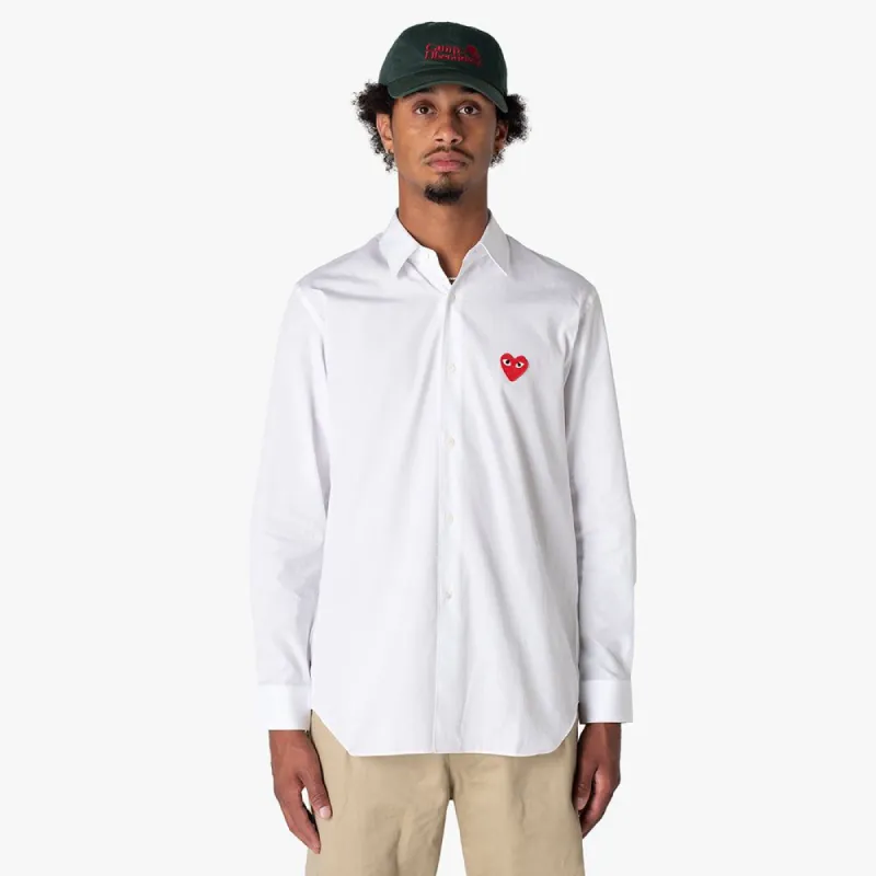 COMME des GARÇONS PLAY Red Heart Button Up Woven Shirt / White sold by Livestock
