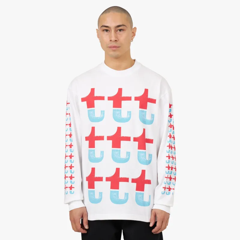 The Trilogy Tapes Red And Blue Split Long Sleeve T-shirt / White sold by Livestock