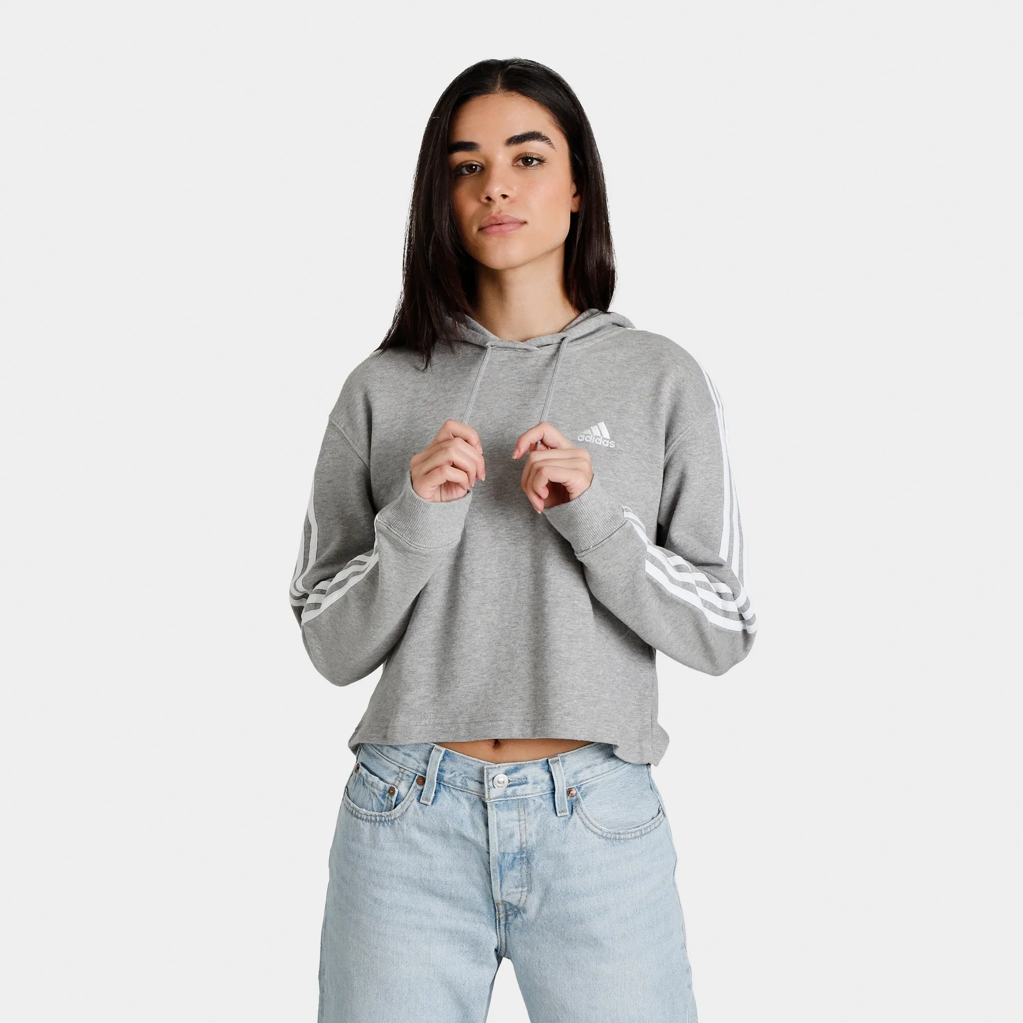 adidas Women’s Essentials 3-Stripes French Terry Crop Pullover Hoodie Medium Grey Heather / White sold by JD Sports