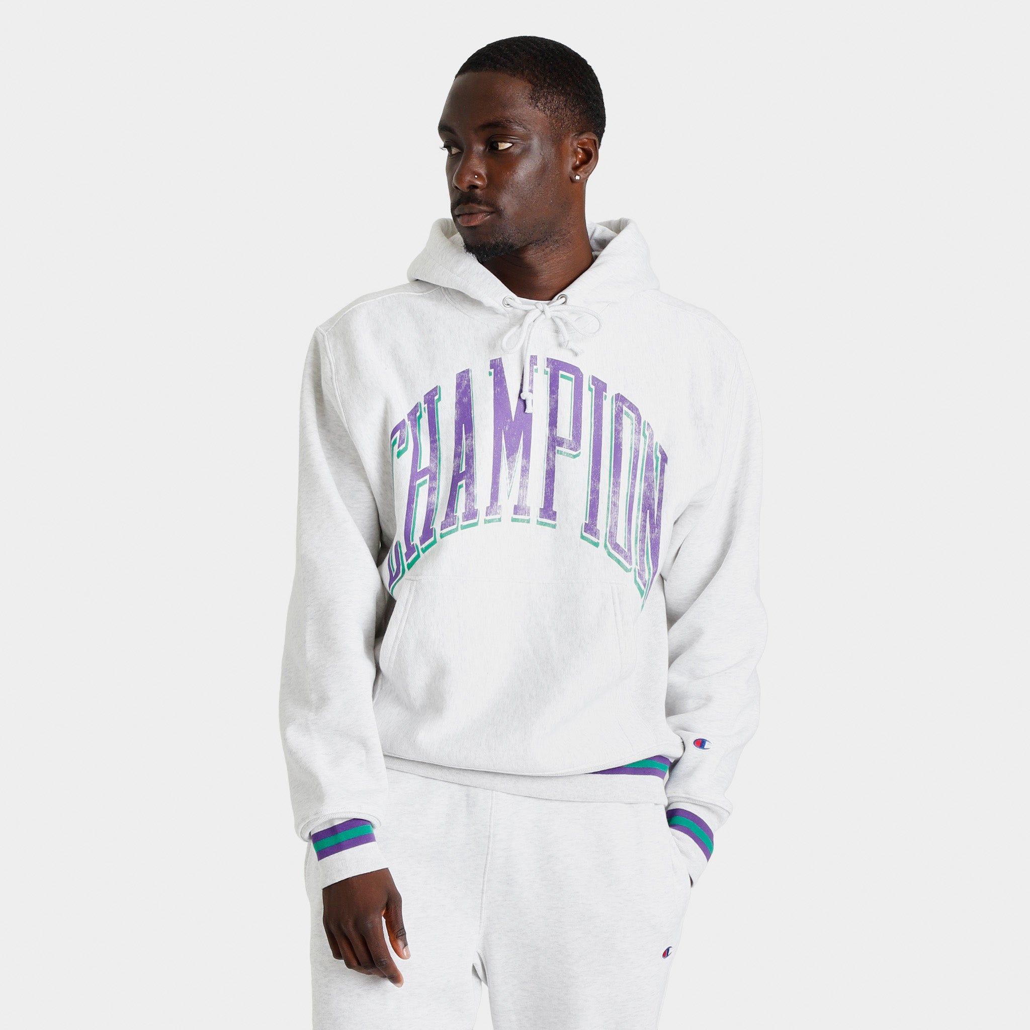 Champion Premium Reverse Weave Pullover Hoodie / Silver Grey sold by JD Sports