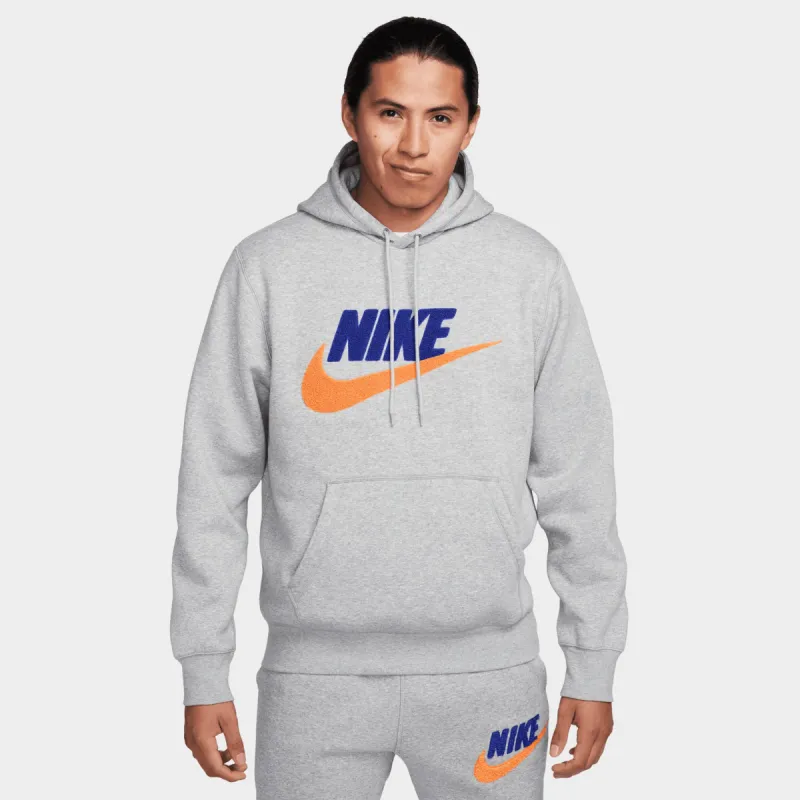 Nike Sportswear Club Fleece Chenille Futura Hoodie Dark Grey Heather / Safety Orange sold by JD Sports