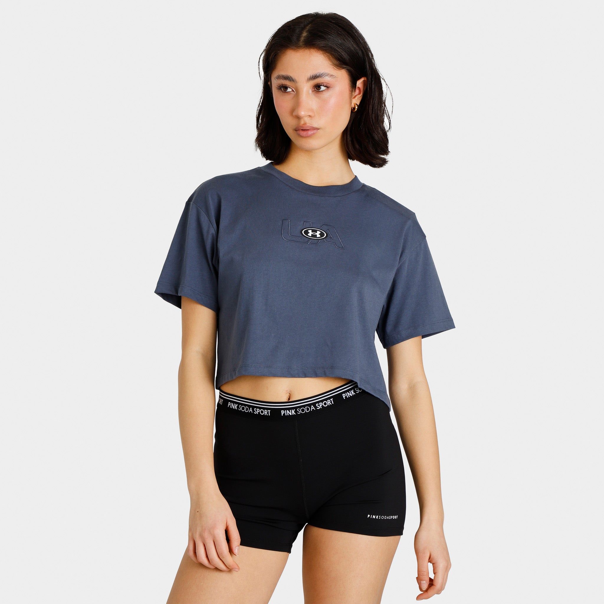 Under Armour Women's Branded Logo Crop T-shirt Downpour Grey / White sold by JD Sports