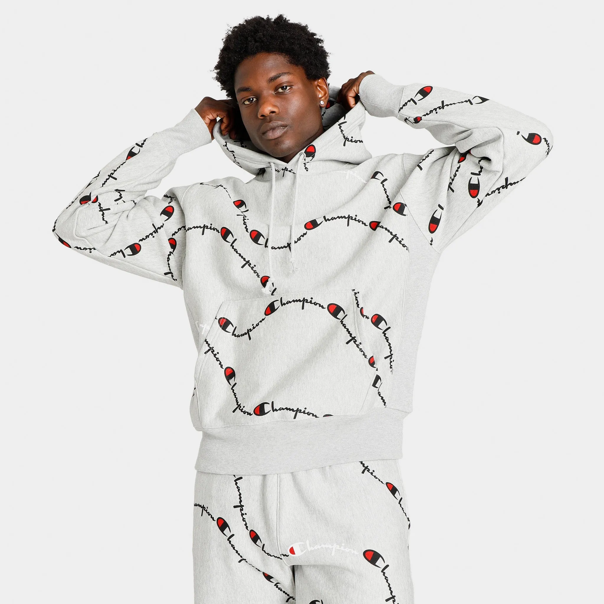 Champion Reverse Weave Allover Print Pullover Hoodie / Script Big Wave Oxford Grey sold by JD Sports