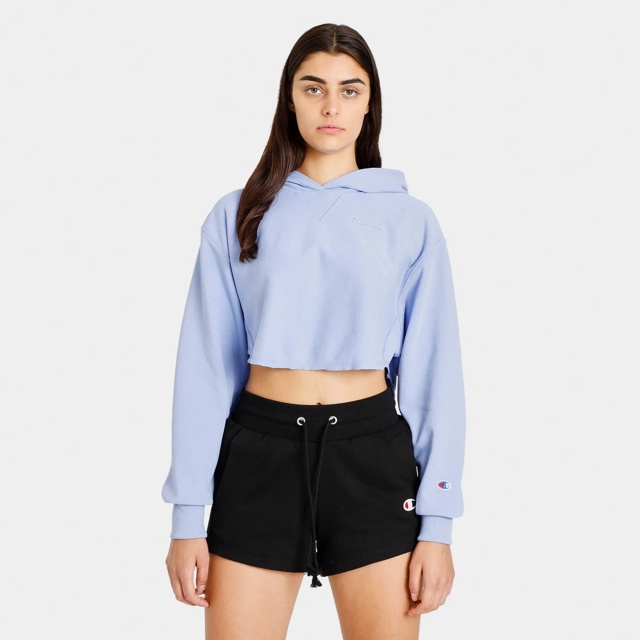 Champion Women's Reverse Weave French Terry Crop Curve Hem Pullover Hoodie / Charming Blue sold by JD Sports