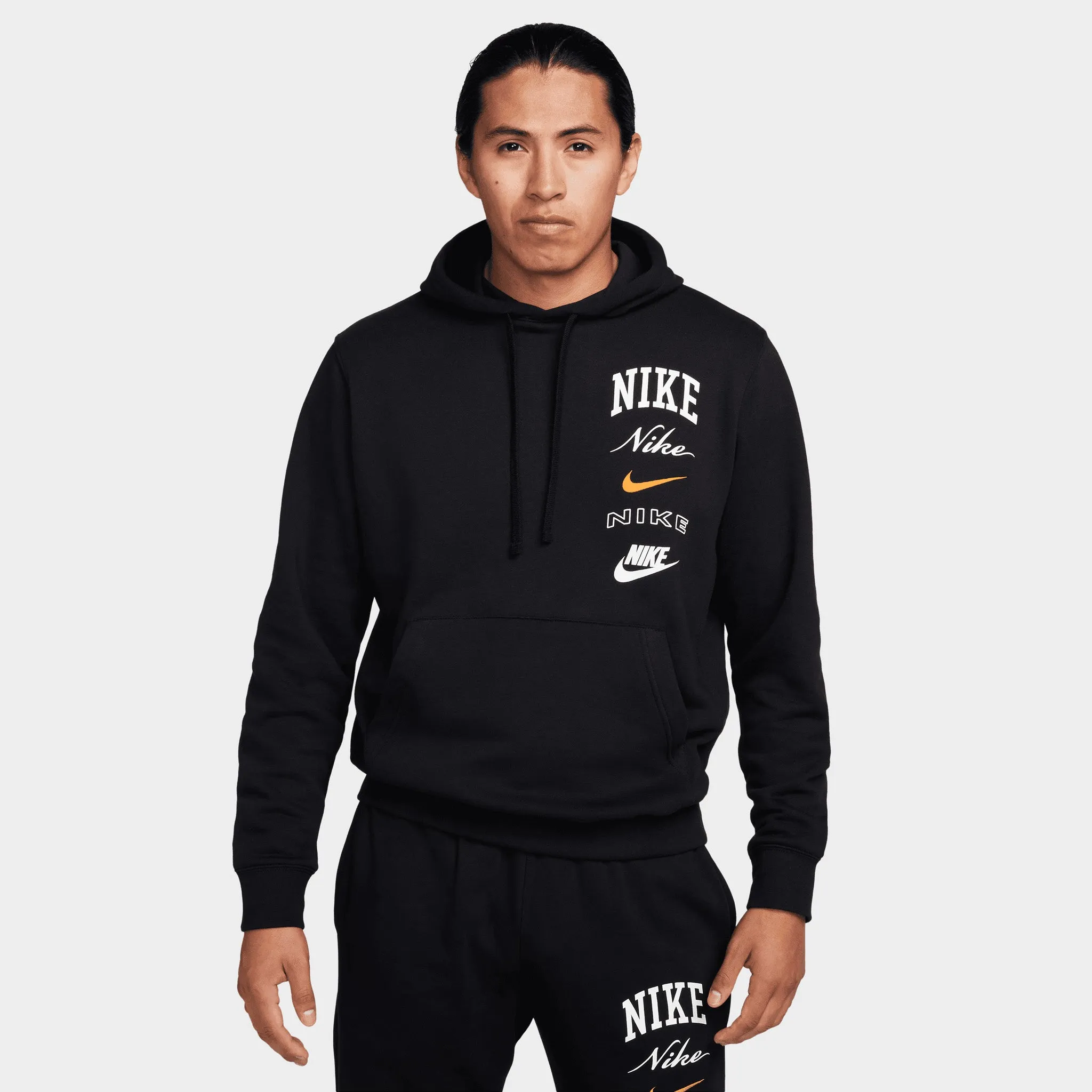 Nike Sportswear Club Fleece Stack Logo Pullover Hoodie Black / Sail - Safety Orange sold by JD Sports