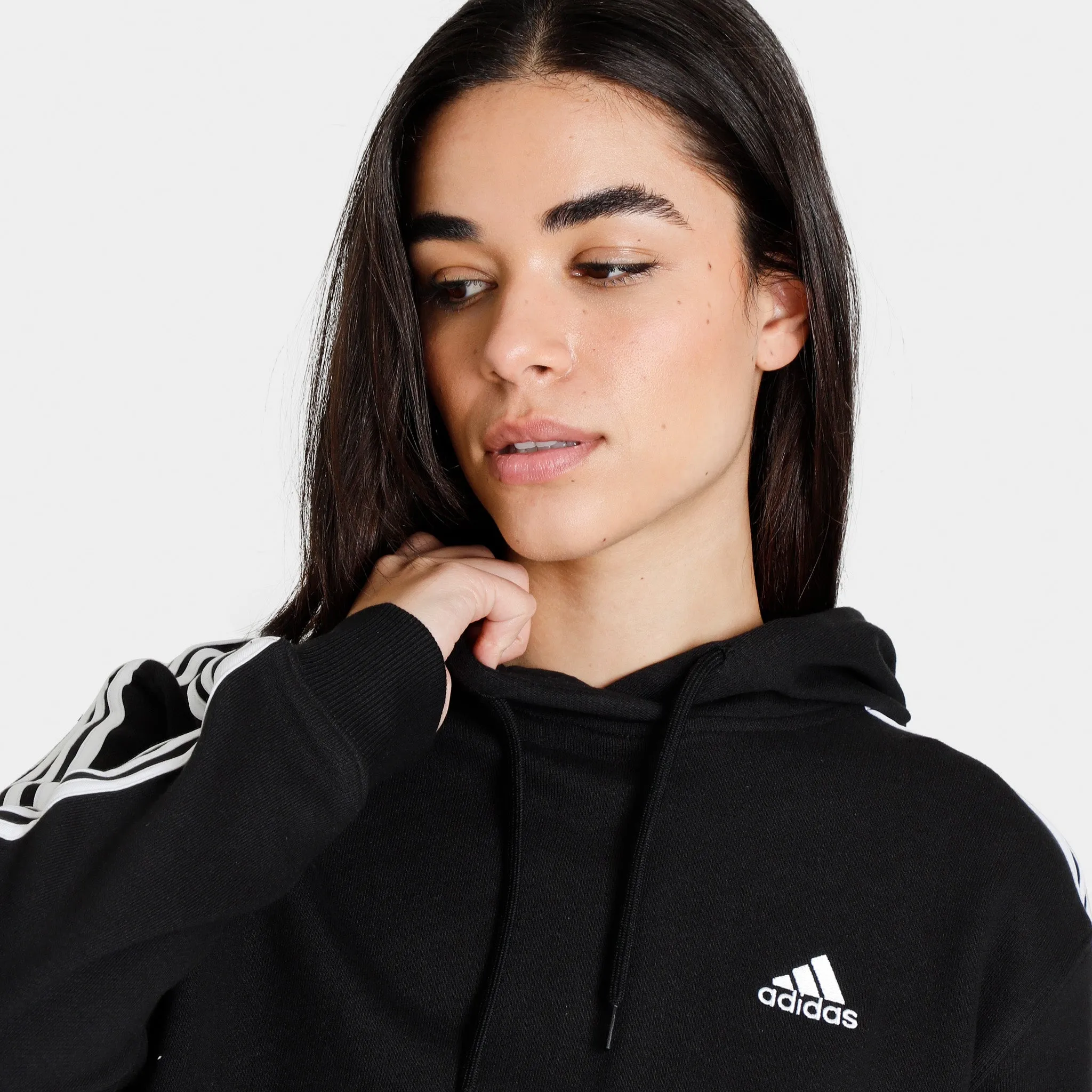adidas Originals Women's 3 Stripe French Terry Cropped Pullover Hoodie Black / White sold by JD Sports product image thumbnail 3