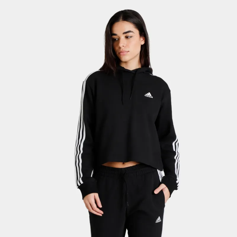adidas Originals Women's 3 Stripe French Terry Cropped Pullover Hoodie Black / White sold by JD Sports