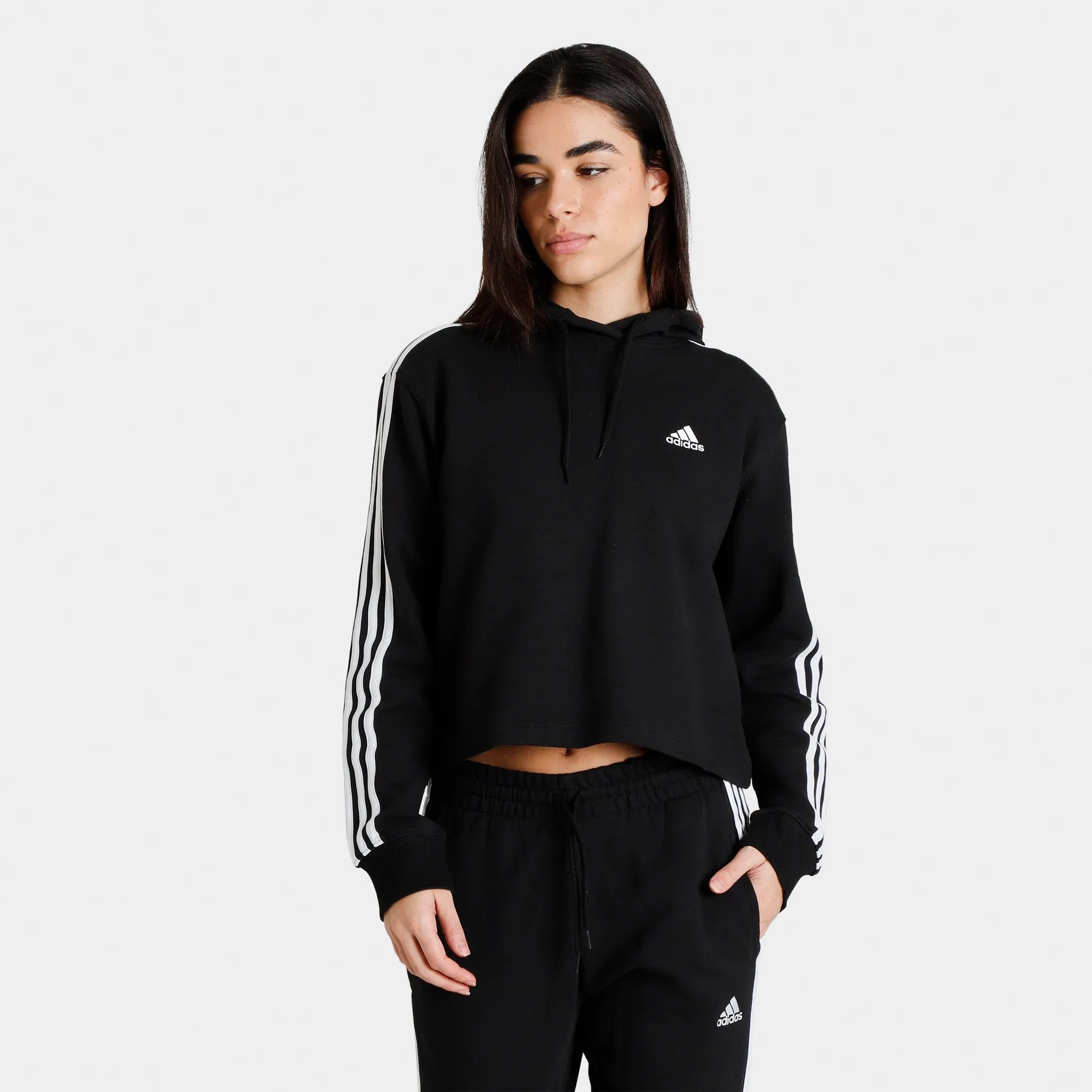 adidas Originals Women's 3 Stripe French Terry Cropped Pullover Hoodie Black / White sold by JD Sports