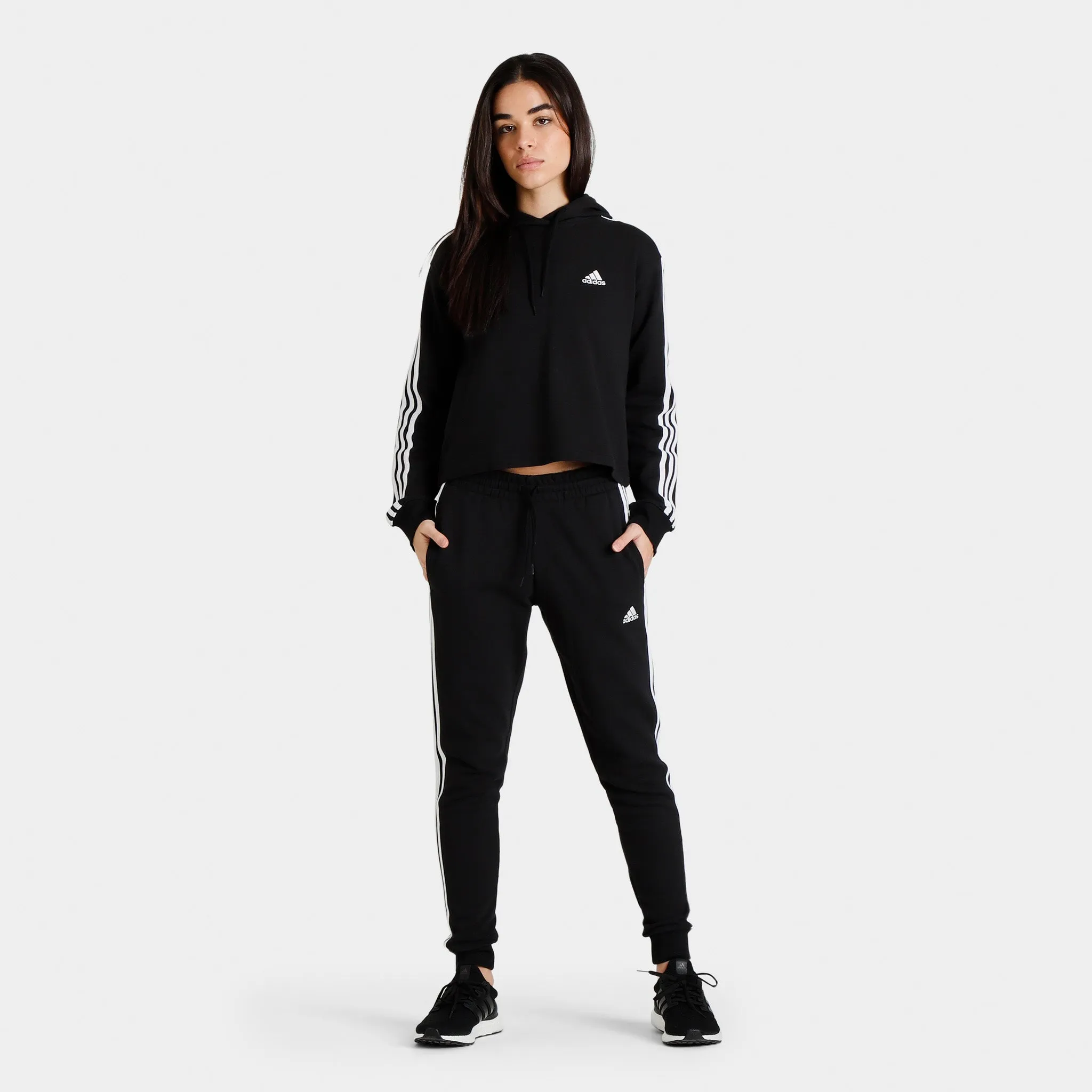 adidas Originals Women's 3 Stripe French Terry Cropped Pullover Hoodie Black / White sold by JD Sports product image thumbnail 5