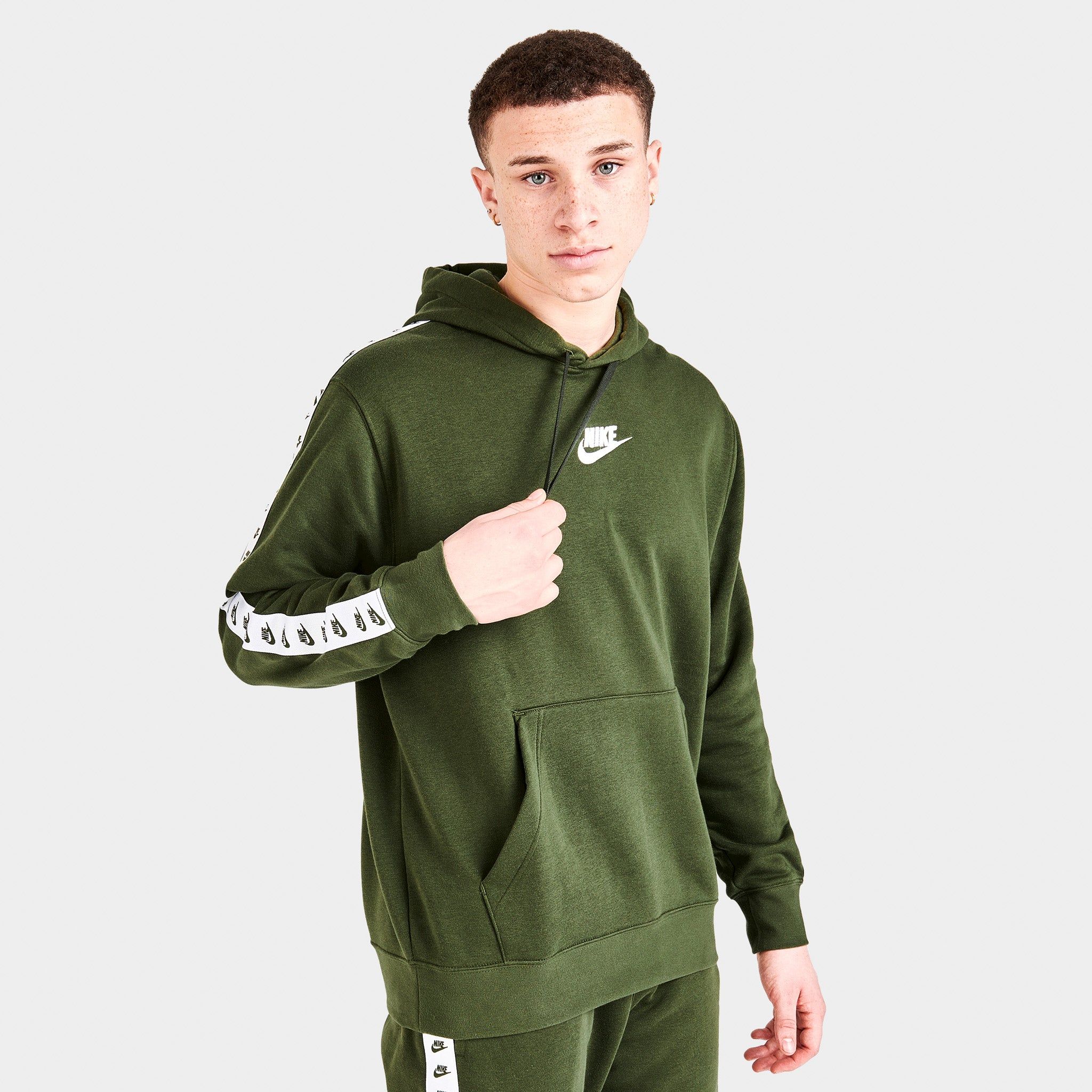 Nike Sportswear Essential Taped Fleece Track Pullover Hoodie Rough Green / White sold by JD Sports