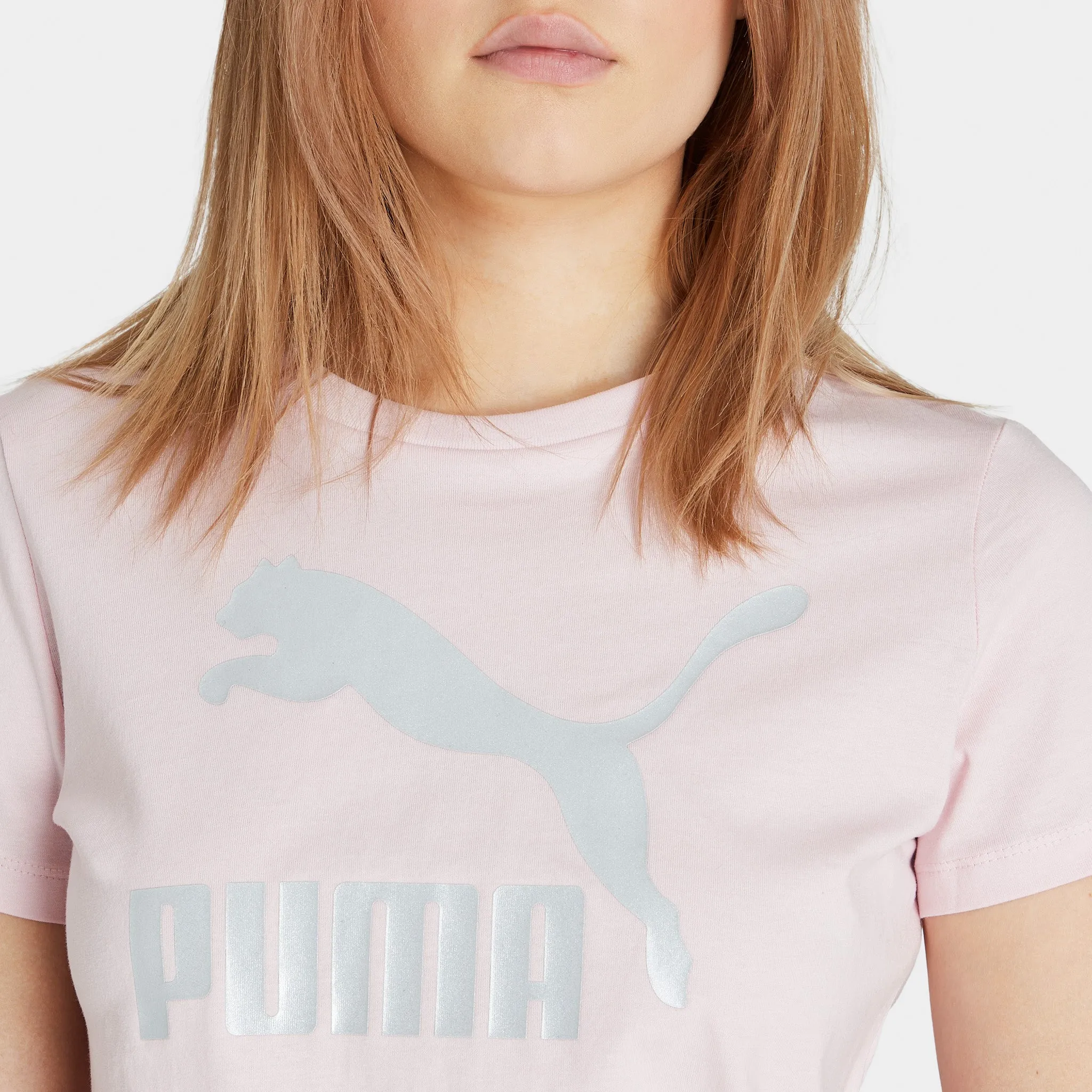 Puma Women's Classics Metallic Logo T-shirt Chalk Pink / Silver sold by JD Sports product image thumbnail 3