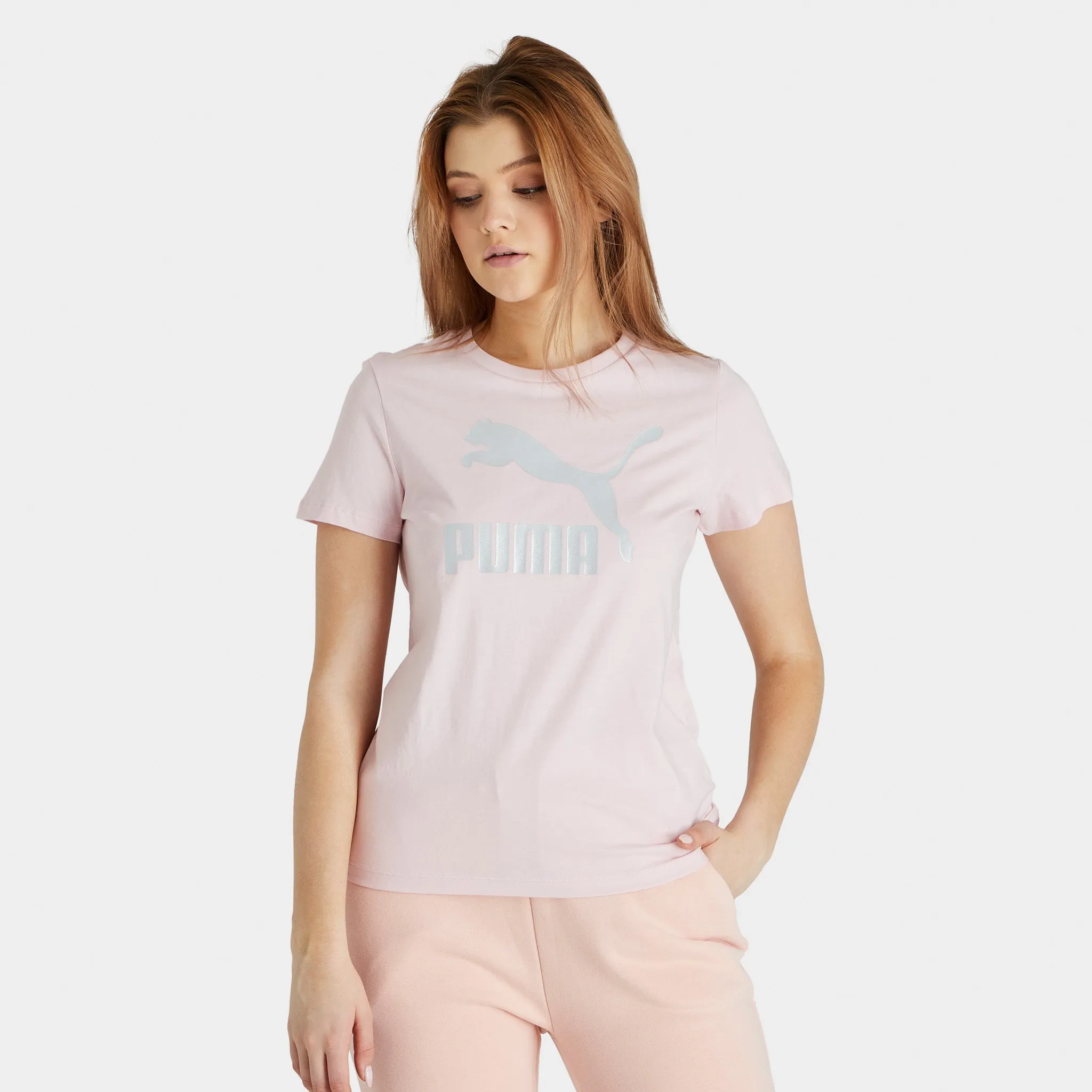Puma Women's Classics Metallic Logo T-shirt Chalk Pink / Silver sold by JD Sports