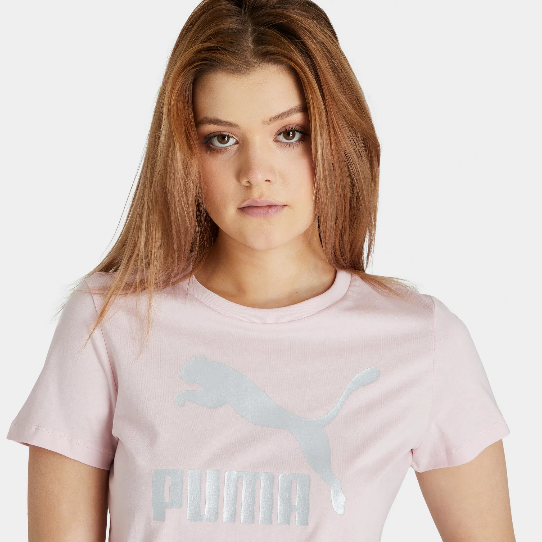 Puma Women's Classics Metallic Logo T-shirt Chalk Pink / Silver sold by JD Sports product image thumbnail 4