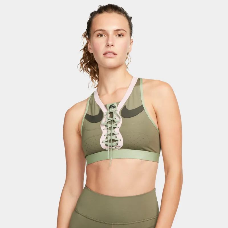 Nike Women's Dri-FIT Swoosh Air Force 1 Medium-Support Laced Sports Bra Medium Olive / Sequoia - Pink Glaze made by Nike