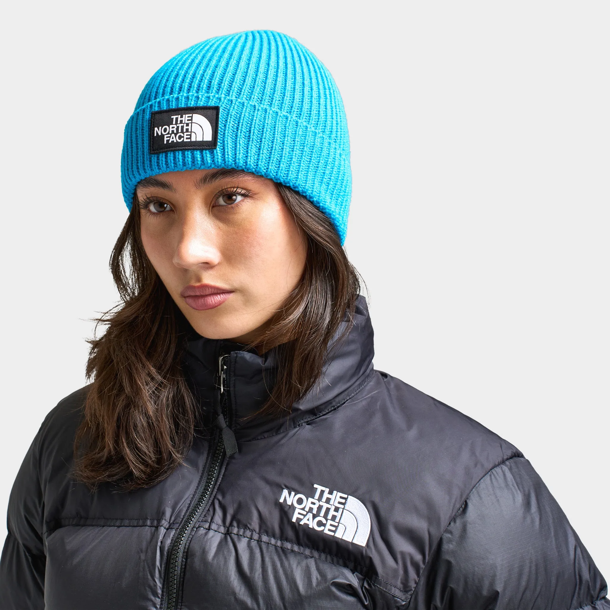 The North Face TNF Logo Box Cuffed Beanie / Acoustic Blue sold by JD Sports