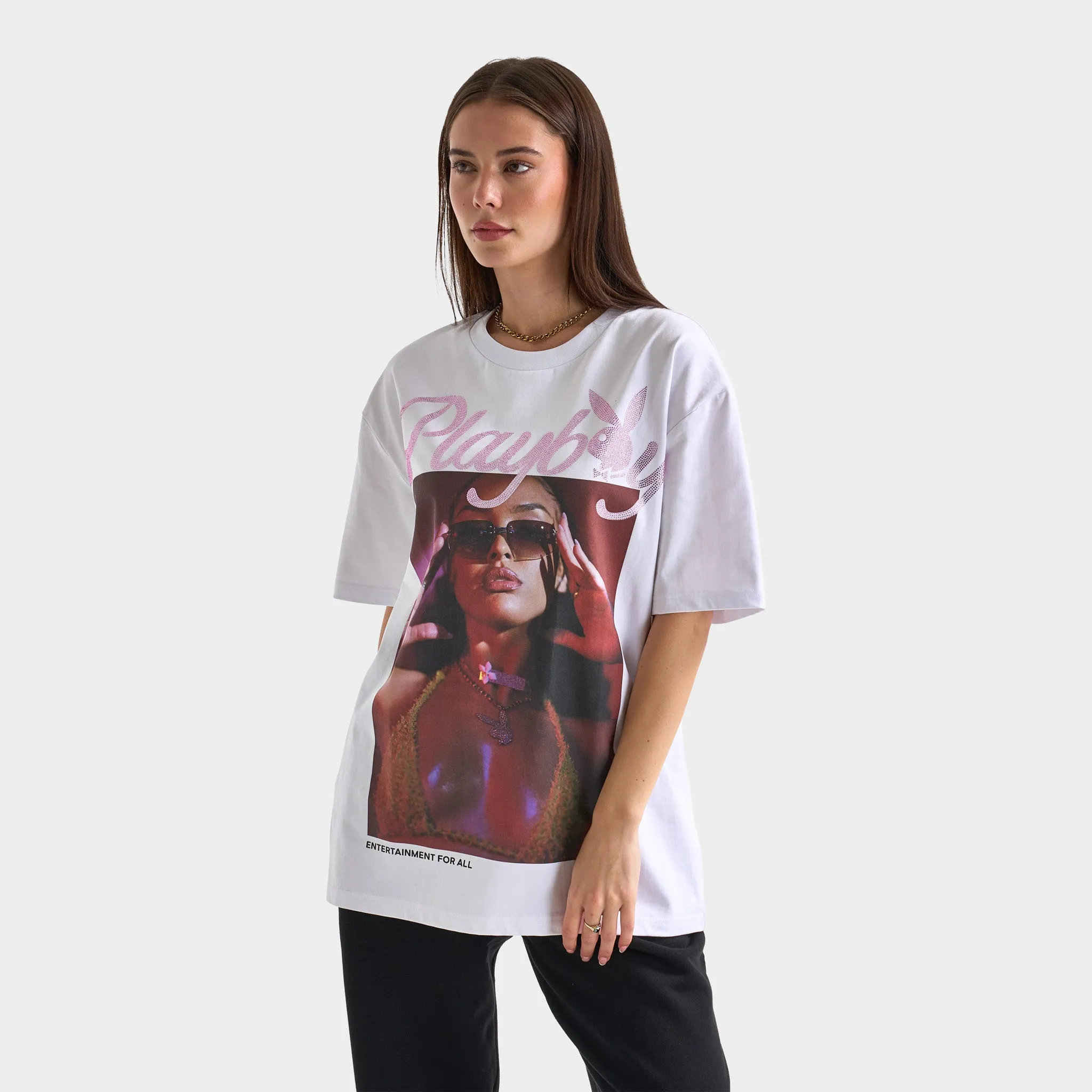 Playboy Women's Diamonte Izabela Oversized Graphic T-Shirt / White sold by JD Sports