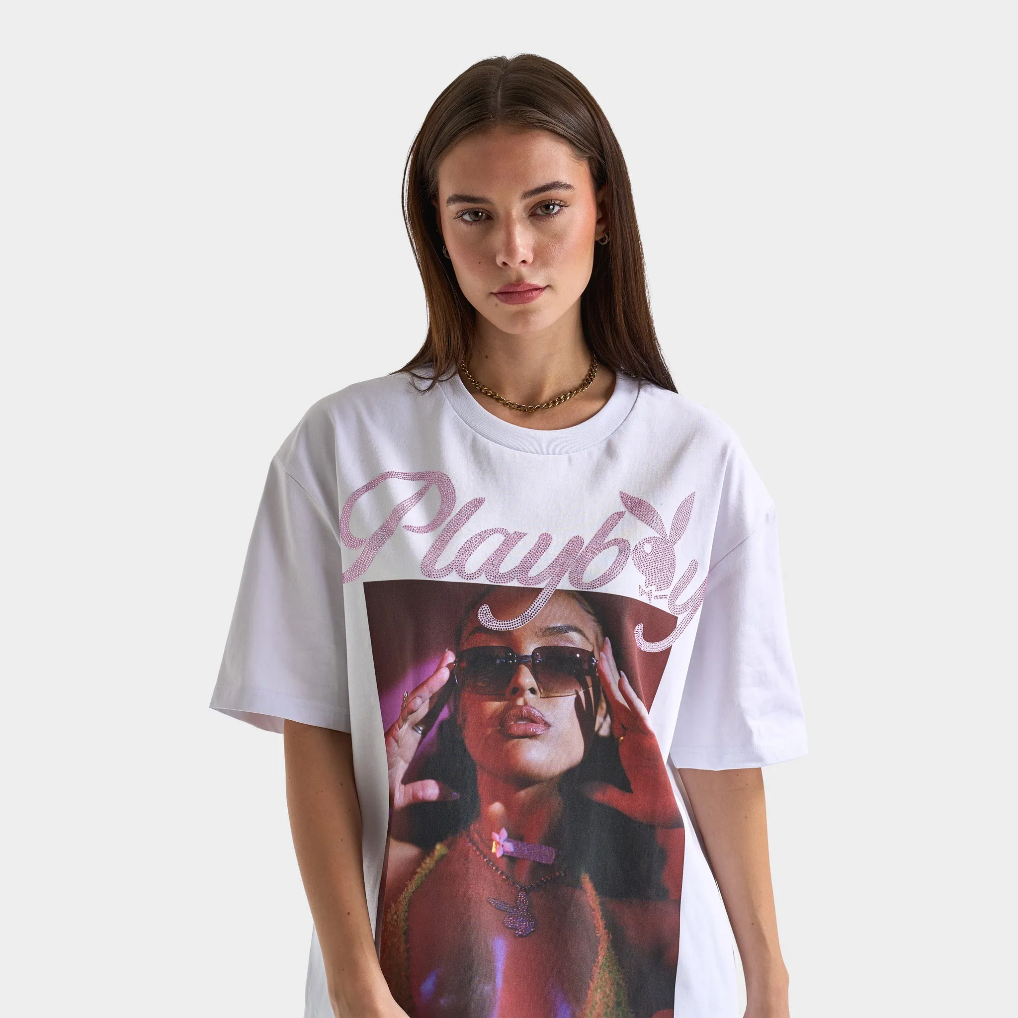 Playboy Women's Diamonte Izabela Oversized Graphic T-Shirt / White sold by JD Sports product image thumbnail 3