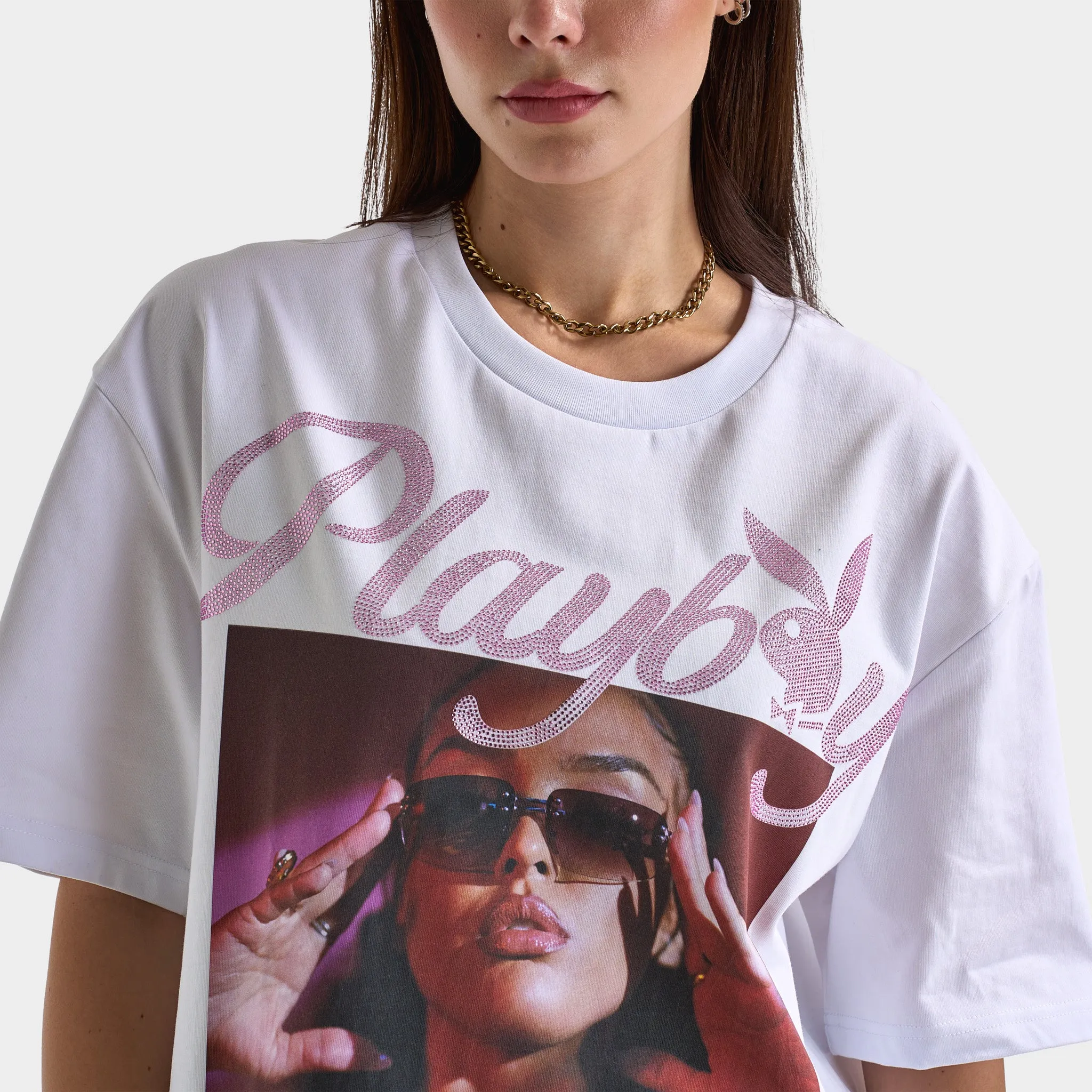 Playboy Women's Diamonte Izabela Oversized Graphic T-Shirt / White sold by JD Sports product image thumbnail 4