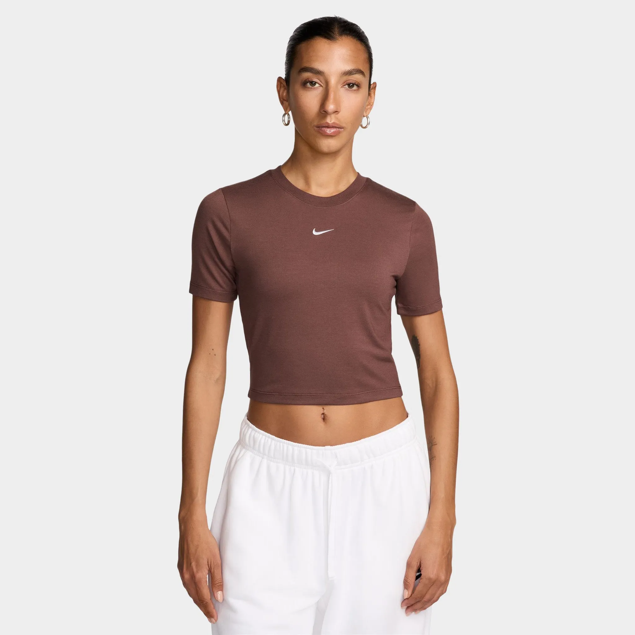 Women's Nike Sportswear Essential Slim Crop T-Shirt Red Sepia / White sold by JD Sports