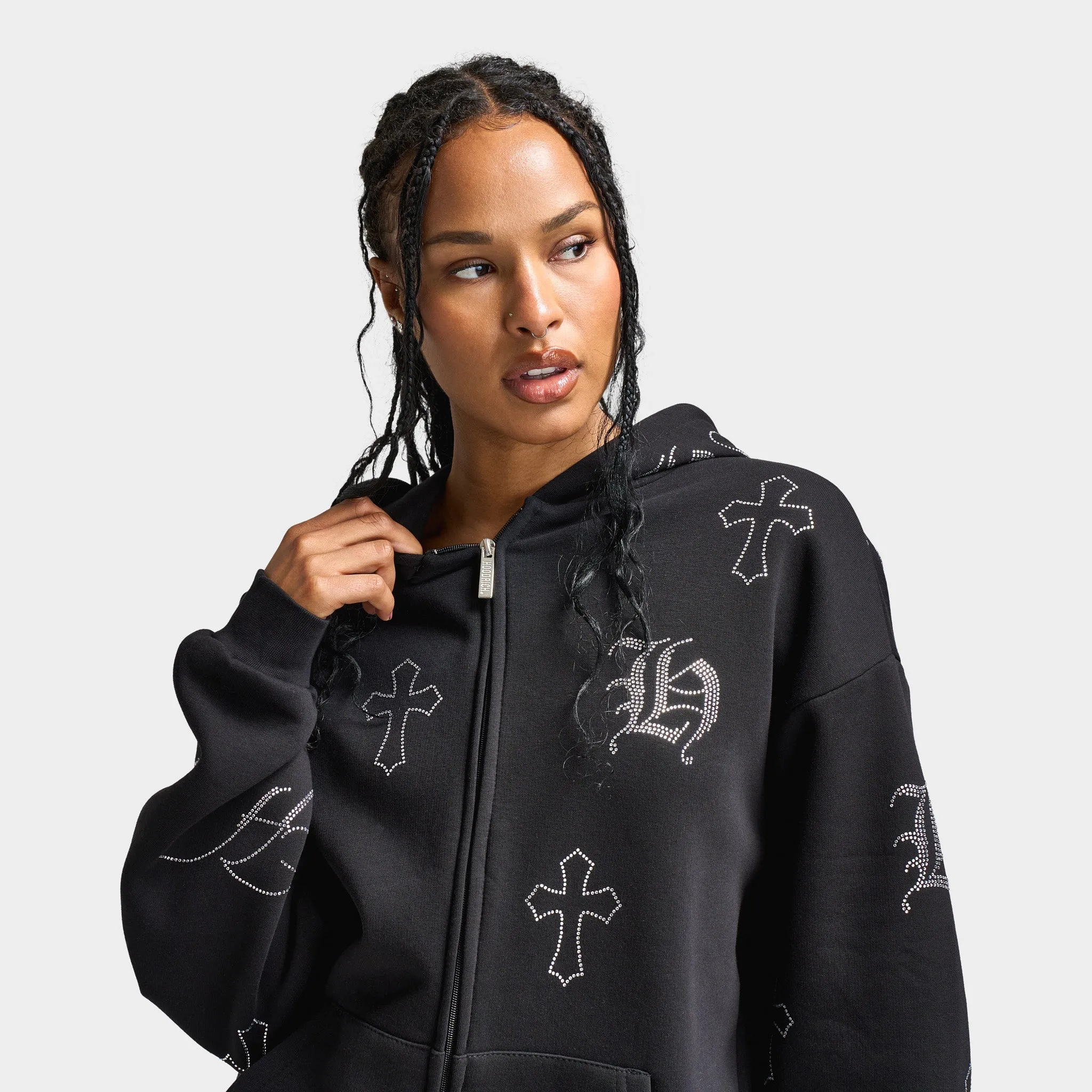Hoodrich Women's Crystal Zip Up Oversized Hoodie Black