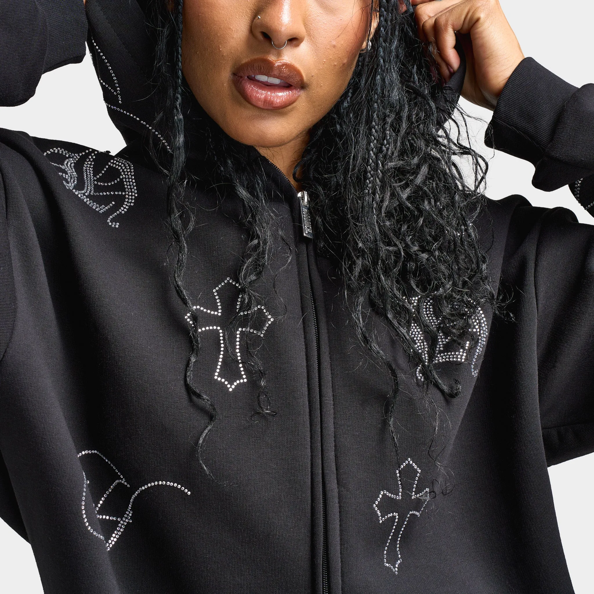Hoodrich Women's Crystal Zip Up Oversized Hoodie Black