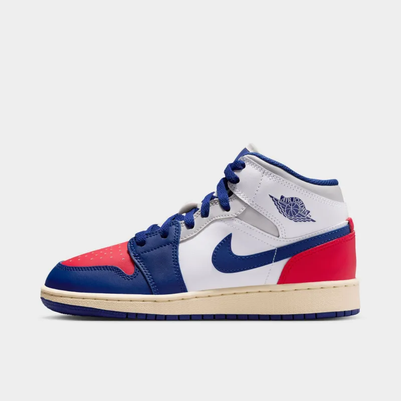 Jordan 1 Mid GS White / Deep Royal Blue - University Red sold by JD Sports