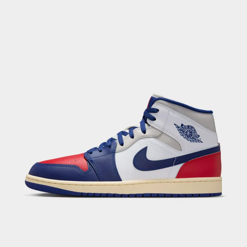 Jordan 1 Mid White / Deep Royal Blue - University Red sold by JD Sports