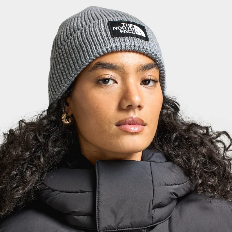 The North Face Logo Box Cuffed Beanie / Medium Grey Heather sold by JD Sports