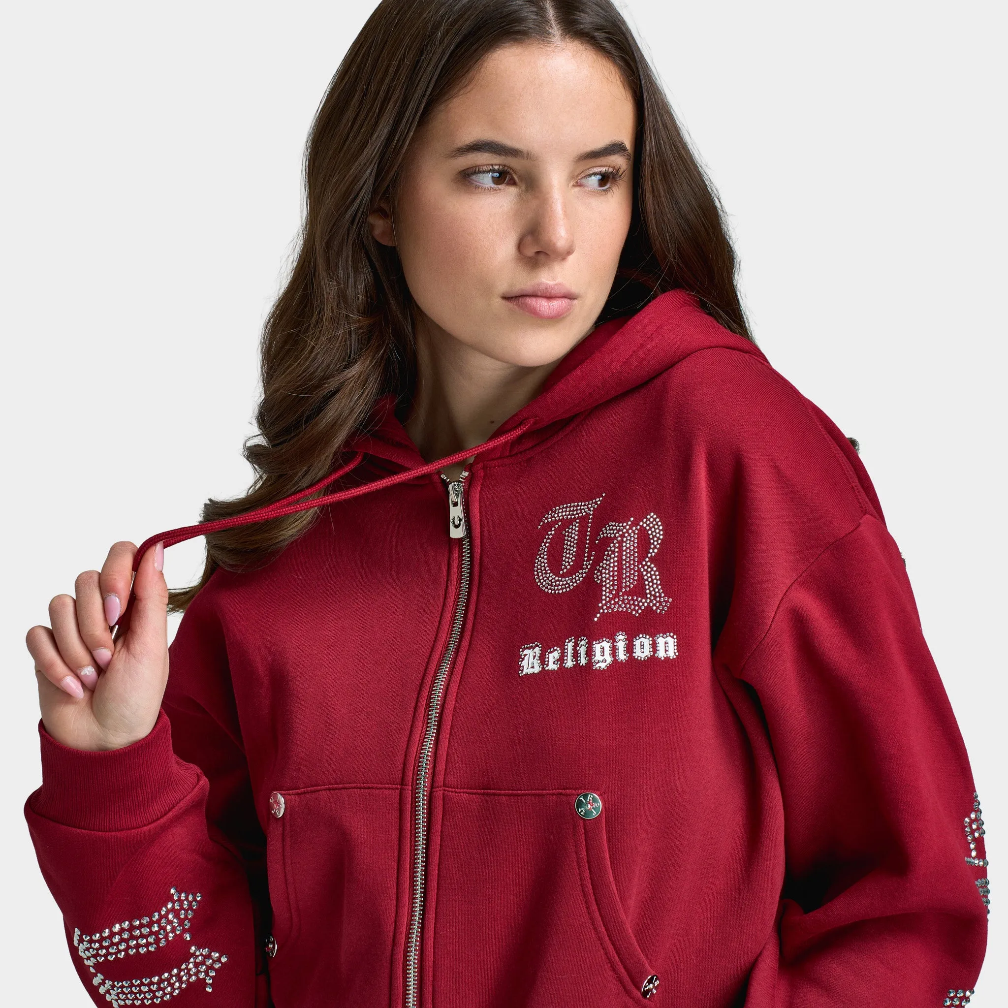 True Religion Women's Cropped Crystal Relaxed Fullzip Hoodie / Rhubarb sold by JD Sports product image thumbnail 4