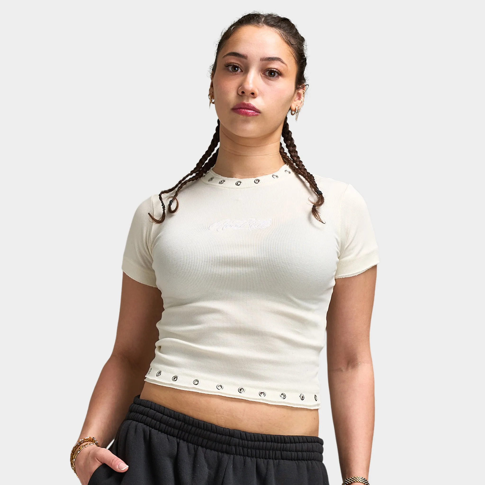 Hoodrich Baya Raw Hem Eyelet Fitted T-Shirt / White Alyssum sold by JD Sports product image thumbnail 4