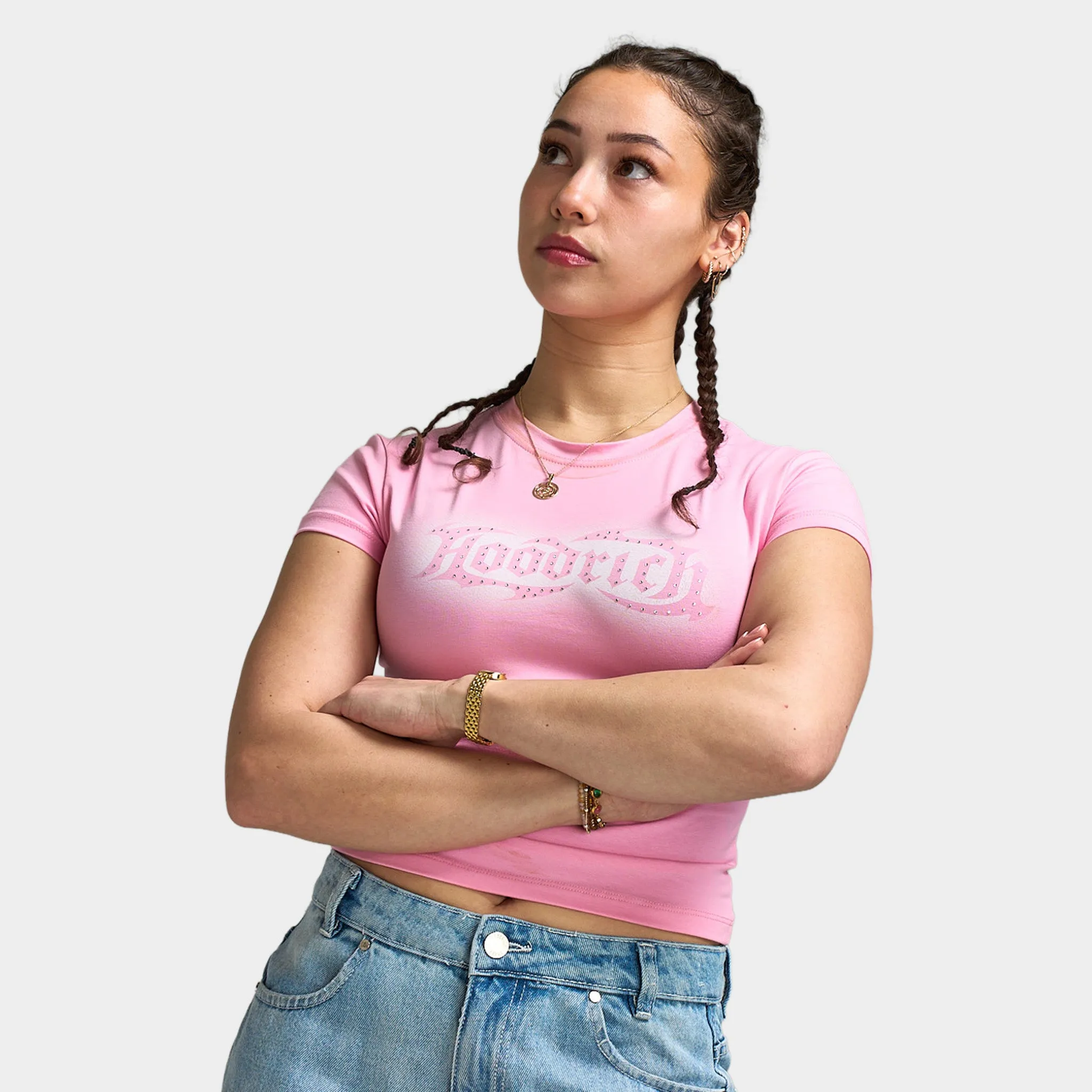 Hoodrich Luz Capped Fitted T-Shirt Bergonia Pink / Silver Rhinestone sold by JD Sports product image thumbnail 4