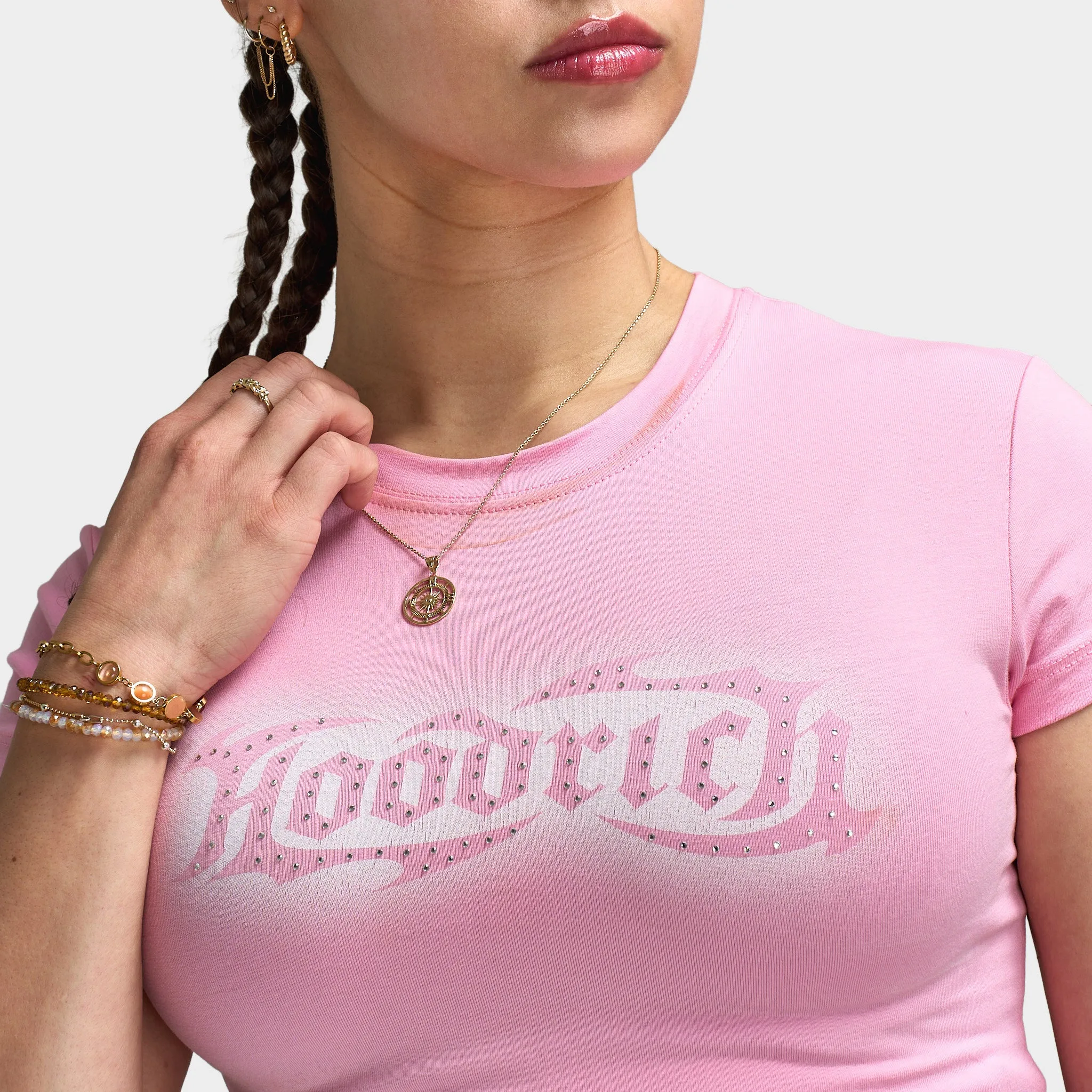 Hoodrich Luz Capped Fitted T-Shirt Bergonia Pink / Silver Rhinestone sold by JD Sports product image thumbnail 3