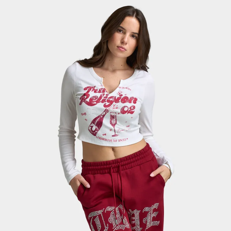 True Religion Women's Glitter Ribbed Notch Longsleeve / White made by True Religion