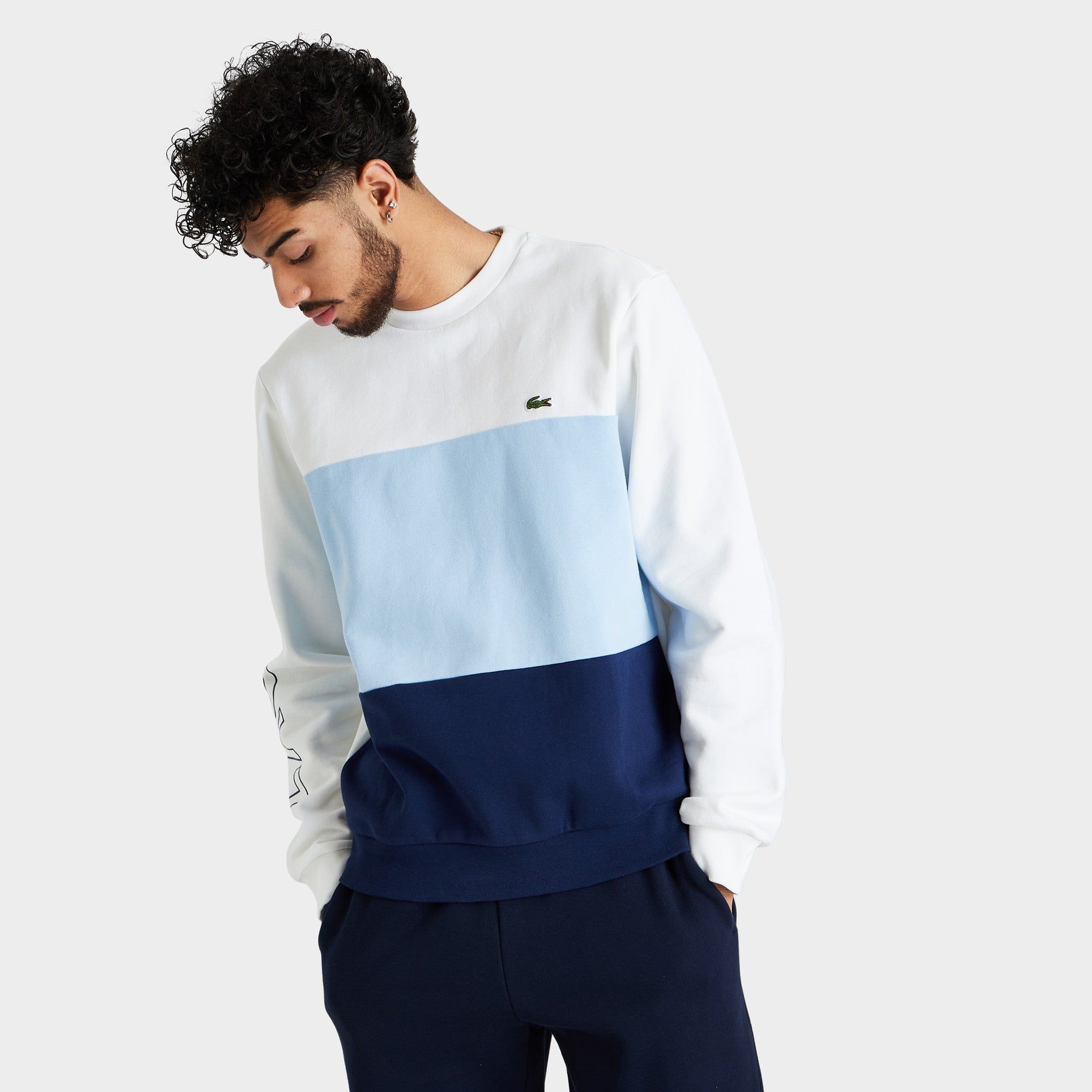Lacoste Letter Colorblock Fleece Crewneck White / Blue sold by JD Sports