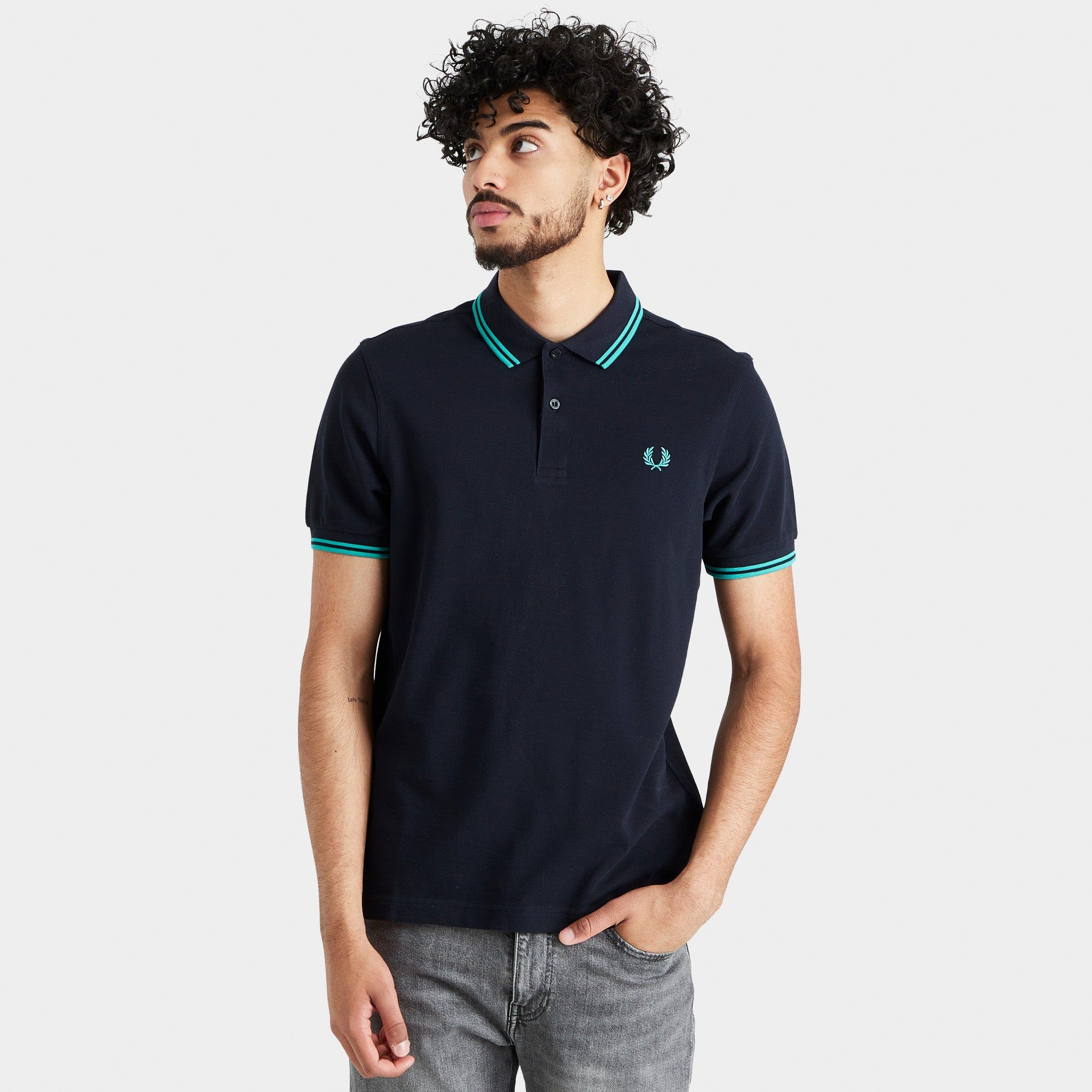 Fred Perry Twin Tipped Polo T-shirt Navy / Dark Mint - Dark Mint sold by JD Sports