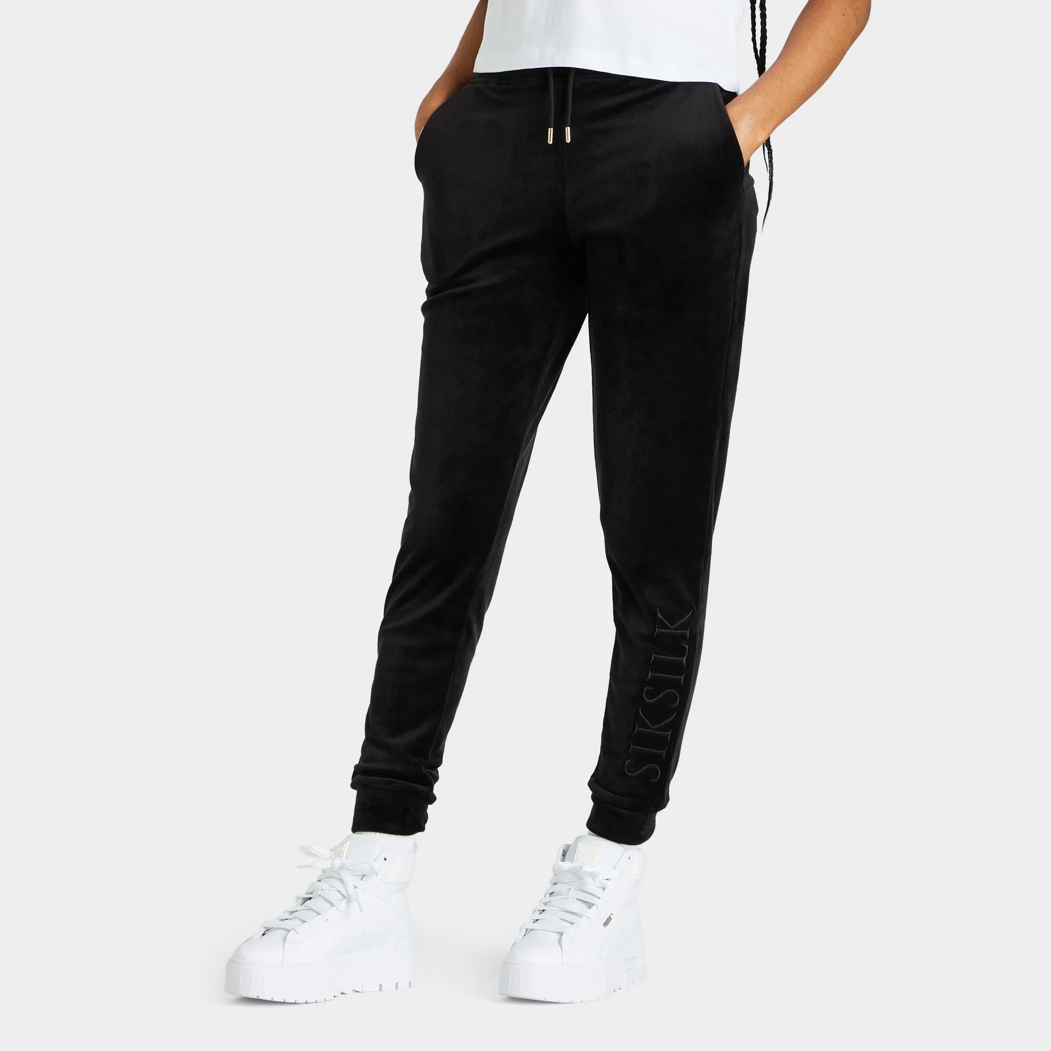 SikSilk Women's Velour Embroidered Joggers / Black sold by JD Sports