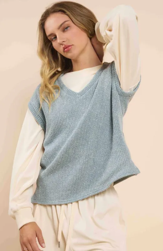 Haut En Tricot À Col V Doublé Bleu/Argent sold by Boutique Elena